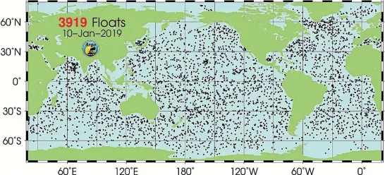  ??  ?? Argo is a global array of 3800 free-drifting profiling floats that measures the temperatur­e and salinity of the upper 2000m of the ocean. This allows, for the first time, continuous monitoring of the temperatur­e, salinity, and velocity of the upper ocean, with all data being relayed and made publicly available within hours after collection.