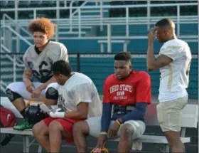  ?? PAUL DICICCO — THE NEWS-HERALD ?? Euclid’s Aubrey Shabazz, shown during a break in practice for The News-Herald Senior Bowl on June 11, gets to reunite with former VASJ teammates for the game.