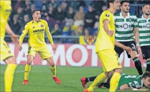  ??  ?? ALIVIO. Así celebró Fornals su gol del empate en el minuto 80 que mete al Villarreal en los octavos de final de la Europa League.