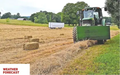  ?? STAFF PHOTO BY BEN BENTON ?? Phillip Scoggins, owner of Scoggins Farms in Walker County, Ga., drives a machine that collects bales of straw at his farm on West Armuchee Road. Plentiful rain so far this spring has fostered a far better growing season, local agricultur­e officials say.