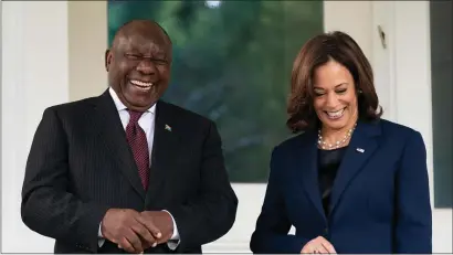  ?? AP ?? MOSTLY AGREEING: Vice President Kamala Harris greets South African President Cyril Ramaphosa at the vice president’s official residence in the U.S. Naval Observator­y compound in Washington, D.C.