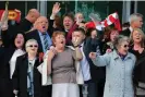  ?? Photograph: Dave Thompson/Getty Images ?? Relatives of people killed at Hillsborou­gh, including Brenda Fox (centre, pointing), sing You’ll Never Walk Alone after the Hillsborou­gh inquest verdict in April 2016.