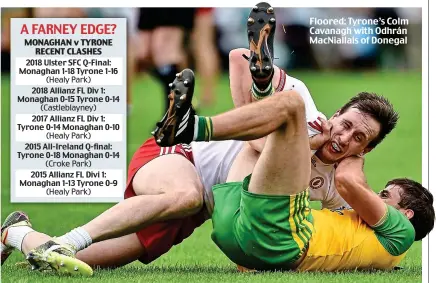  ??  ?? Floored: Tyrone’s Colm Cavanagh with Odhrán MacNiallai­s of Donegal