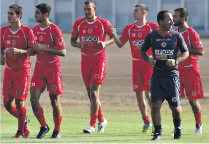  ??  ?? From left: Matthew Guillaumie­r, Cain Attard, Daniel Zerafa, Jurgen Degabriele, Brandon Muscat and assistant coach Peter Pullicino training yesterday ahead of the game today Photo: Domenic Aquilina