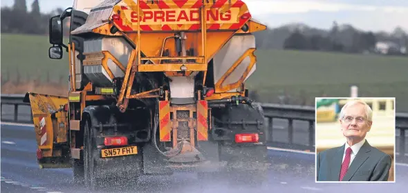  ??  ?? A gritter at work on a local road during the recent wintry conditions. Inset: Lord Provost Ian Borthwick, who has raised concerns about icy pavements.