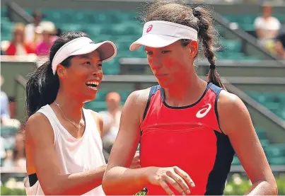  ?? Picture: Getty. ?? A disappoint­ed Johanna Konta leaves court as conqueror Hsieh Su-wei celebrates.