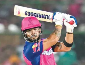  ?? (AFP) ?? Rajasthan Royals’ Riyan Parag plays a shot during the Indian Premier League match against Delhi Capitals at the Sawai Mansingh Stadium in Jaipur yesterday.