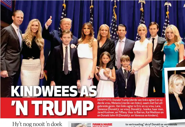  ??  ?? HOOFFOTO: Donald Trump (derde van links agter) en sy derde vrou, Melania (vierde van links), saam met hul uitgebreid­e gesin. Van links agter is Eric en sy vrou, Lara, Vanessa (Donald jr. se vrou), Donald jr., Ivanka, haar man, Jared Kushner, en Tiffany. Voor is Barron, Kai Madison en en Donald John III (Donald jr. en Vanessa se kinders).