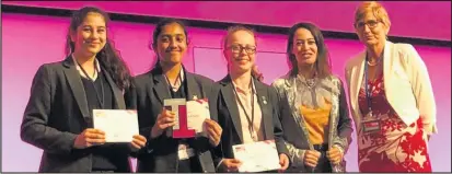  ??  ?? ■ Loughborou­gh High School pupils Maya, Harshini and Ingird from Team ‘ Visi-Bowl’ collecting their award.