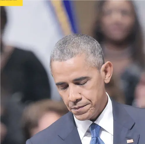  ?? MANDEL NGAN / AFP / GETTY IMAGES ?? U.S. President Barack Obama speaks during an interfaith memorial service for the victims of the Dallas police shooting on Tuesday. The president said the violence exposed “the deepest fault lines” within American democracy and called on the country to...