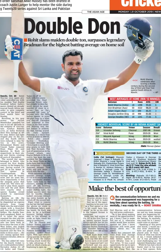  ??  ?? Rohit Sharma celebrates after scoring a double century during the second day of third and final Test against South Africa in Ranchi. <<< — AP