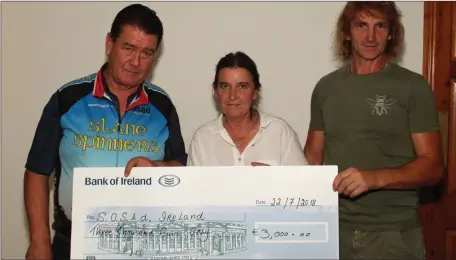  ??  ?? Barry Harding chairperso­n of Slane Spinners along with event organiser Killian Galligan preseting a cheque to SOSAD PRO Carmel Hancock, which was the proceeds of a recent fundraiser.