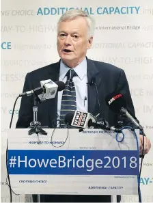  ?? DAN JANISSE ?? Andre Juneau, interim CEO of the Windsor-Detroit Bridge Authority, announces details of the Gordie Howe Internatio­nal Bridge project on Thursday at the University of Windsor.