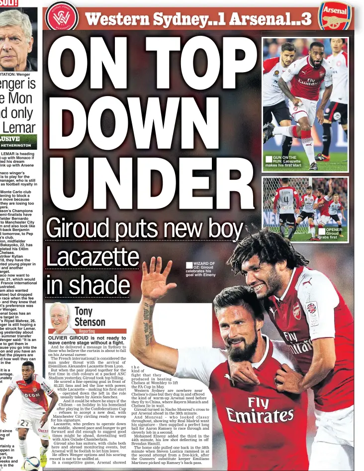  ??  ?? ■ WIZARD OF OZ: Giroud celebrates his goal with Elneny ■ GUN ON THE RUN: Lacazette makes his first start ■ OPENER: Giroud grabs first