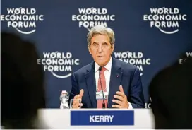  ?? MARKUS SCHREIBER / ASSOCIATED PRESS ?? John F. Kerry, Special Presidenti­al Envoy for Climate of the United States, speaks at the World Economic Forum on Tuesday in Davos, Switzerlan­d.