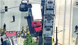  ?? (KABC via AP) ?? COLLISION — In this aerial still image provided by KABC-TV, firefighte­rs respond to the scene of an accident where a shuttle bus collided with a Metro light rail train on Tuesday, April 30, 2024, in Los Angeles.
