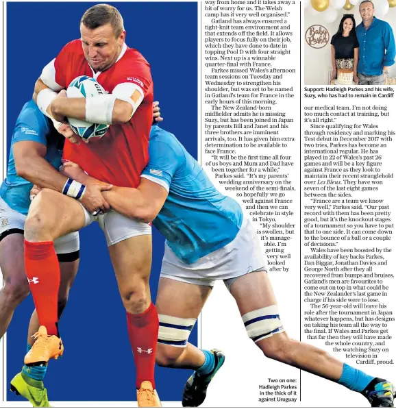  ??  ?? Two on one: Hadleigh Parkes in the thick of it against Uruguay