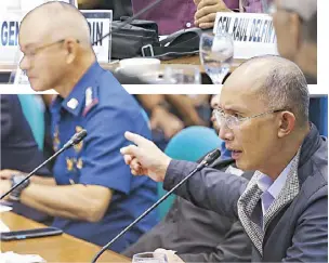  ?? GEREMY PINTOLO ?? Top photo shows retired police general Rudy Lacadin telling a Senate panel how PNP chief Gen. Oscar Albayalde called him up regarding the case of the so-called ‘ninja cops’ in 2013. Former PNP chief Alan Purisima also attended the hearing. In lower photo, Baguio City Mayor Benjamin Magalong tells senators that Albayalde is lying about the ninja cops.