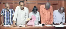  ?? AP African News Agency (ANA) ?? SUSPECTS Osman Ibrahim, Guleid Abdihakim, Gladys Kaari Justus, Oliver Kanyango Muthee and Joel Nganga Wainaina appear at a hearing at Milimani Law Courts in Nairobi, Kenya, on Friday. |