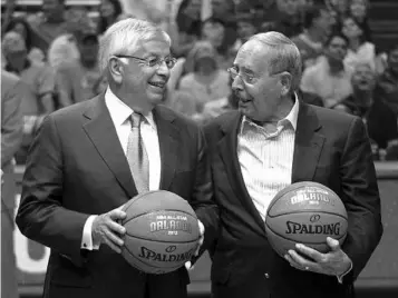  ?? JOHN RAOUX/ASSOCIATED PRESS FILE ?? Then-NBA commission­er David Stern, left, chats in 2010 with Magic owner Rich DeVos during Game 1 of a second-round playoff series against the Atlanta Hawks in Orlando. The Magic were in the NBA Finals in 1995 and 2009.