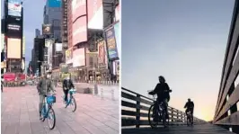  ??  ?? People ride bicycles last year in New York’s Times Square, left, and in Gulf State Park in Gulf Shores, Alabama, The loss of life from the pandemic isn’t going to be reflected in the U.S. population count used for divvying up congressio­nal seats among states.