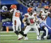  ?? DUANE BURLESON — ASSOCIATED PRESS ?? Baker Mayfield looks downfield during the first half against the Lions on Aug. 30 in Detroit.