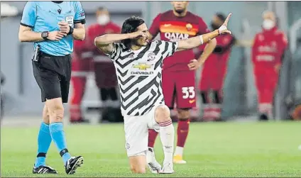  ?? FOTO: AP ?? Cavani, cuatro goles en la eliminator­ia a sus 34 años
El delantero uruguayo repitió en Roma el doblete que marcó en Old Trafford