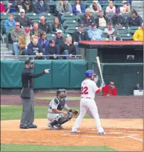  ?? BILL WIPPERT - ASSOCIATED PRESS ?? In this April 9, 2015, file photo, home plate umpire Seth Buckminste­r signals for the pitch as Buffalo Bisons batter Josh Thole (22) steps into the box during a Triple-A baseball game between the Bisons and Rochester Red Wings in Buffalo, N.Y. The displaced Toronto Blue Jays will play in Buffalo, New York, this year amid the pandemic.