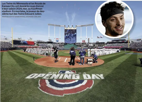  ?? PHOTOS AFP ET D’ARCHIVES, STEVENS LEBLANC ?? Les Twins du Minnesota et les Royals de Kansas City ont donné le coup d’envoi à leur saison 2024, hier, au Kauffman stadium. En mortaise, le joueur de deuxième but des Twins Édouard Julien.