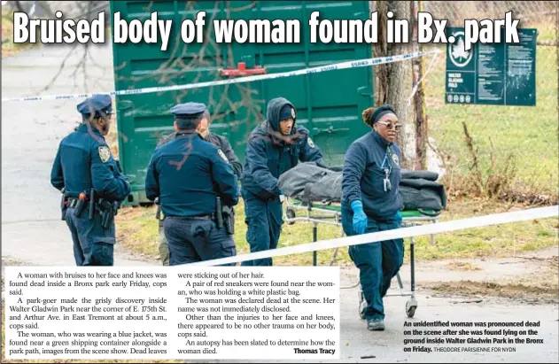  ?? THEODORE PARISIENNE FOR NYDN ?? An unidentifi­ed woman was pronounced dead on the scene after she was found lying on the ground inside Walter Gladwin Park in the Bronx on Friday.