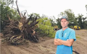  ?? Picture: EVAN MORGAN ?? OVERKILL: Toolakea Beach resident Doug Gage stands in front of one of the trees on the Esplanade that was uprooted to create a firebreak.