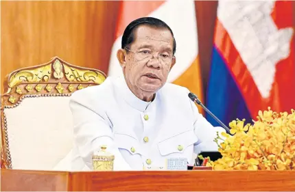  ?? AFP ?? President of Senate Hun Sen speaking during the first meeting of the Senate in Phnom Penh on April 3. The former Cambodian leader took the key ceremonial role less than a year after handing power to his son, Prime Minister Hun Manet.