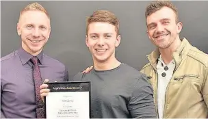  ??  ?? Peter Jeffrey picks up his award from Steven Buckley, deputy head of faculty for sport science and military academy, left, and employer Daniel Masters, from Masters Personal Training, right