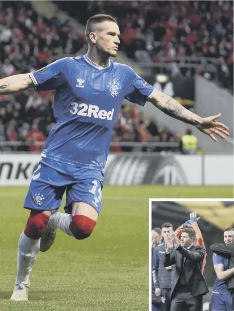  ??  ?? 2 Ryan Kent wheels away in triumph after scoring Rangers’ winner in Braga last night.
1 Steven Gerrard salutes the travelling fans at full-time, while, bottom, Florian Kamberi, who was making his full debut for the Ibrox club, attempts a shot at goal under pressure from Braga’s Raul Silva.