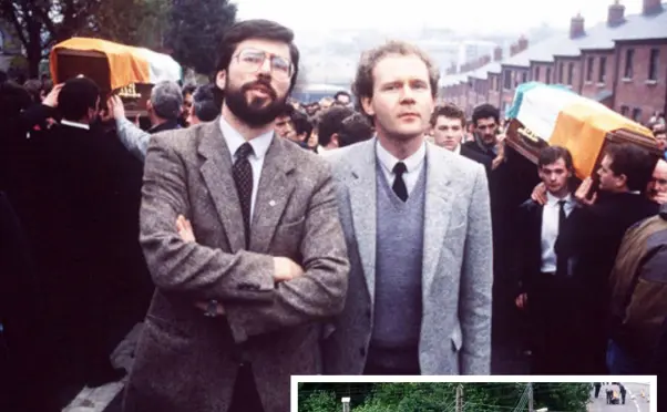  ??  ?? THE DIRTY WAR: Above, Gerry Adams and Martin McGuinness at an IRA funeral in 1987. Right, the scene of the Loughgall attack. Below, forensics showed that the weapons used by the IRA at Loughgall had been used in 40 to 50 attacks in the area