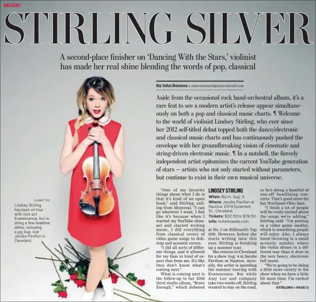  ??  ?? SUBMITTED Lindsey Stirling has been on tour with rock act Evanescenc­e, but is doing a few headline dates, including a gig Aug. 4 at Jacobs Pavilion in Cleveland.