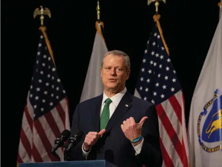  ?? POOL pHOTOS ?? ‘RESPECT THE VIRUS’: Gov. Charlie Baker speaks during his daily coronaviru­s briefing at the State House on Tuesday.