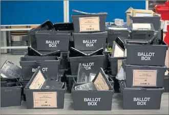  ??  ?? STACKING UP: Ballot boxes at the Eastwood Constituen­cy and West Scotland Region count for the Scottish Parliament election earlier this year. The SNP won a third term in office at Holyrood.