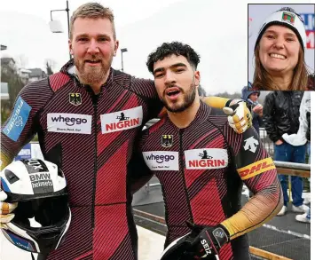  ?? DIETMAR REKER/FRISO GENTSCH/DPA ?? Adam Ammour (rechts) und Benedikt Hertel (BRC Thüringen) rasten bei der Junioren-WM in Winterberg zum Zweier-Titel. Lisa Buckwitz freute sich in Altenberg über ihren Sieg.