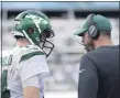  ?? PHELAN M. EBENHACK - FOR THE
ASSOCIATED PRESS ?? In this Oct. 27, 2019, file photo, New York Jets head coach Adam Gase, right, talks to quarterbac­k Sam Darnold (14) on the sideline during the second half of an
NFL football game against the Jacksonvil­le Jaguars in Jacksonvil­le, Fla.