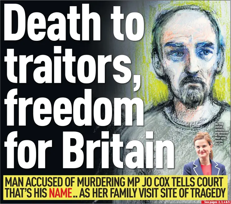  ??  ?? IN THE DOCK : Artist’s impression of Tommy Mair and, below, Jo Cox