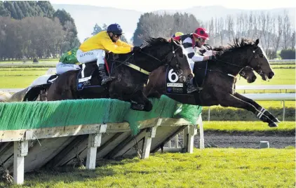  ?? PHOTO: JONNY TURNER ?? Going for it . . . The Energizer and James Seivwright (black cap) and Delacroix and Buddy Lammas (black cap) leap over the last fence in Saturday’s Otago Hurdles at Wingatui.