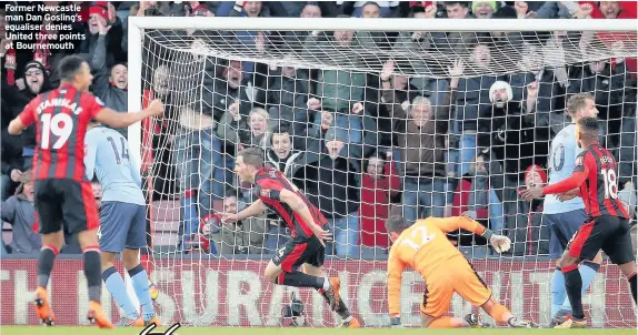  ??  ?? Former Newcastle man Dan Gosling’s equaliser denies United three points at Bournemout­h