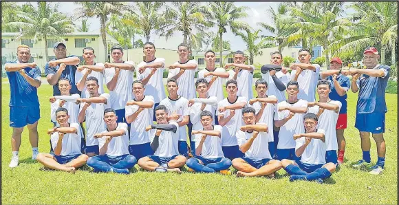  ?? Picture: ROHIT DEO ?? The Tonga Under-17 national football side after their training session at the Pacific Theologica­l College in Nasese, Suva yesterday.