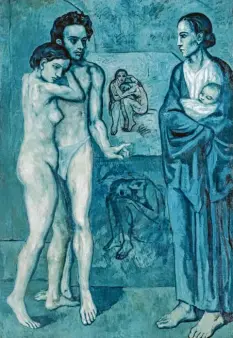  ?? Fotos (3): Succession Picasso/2018, ProLitteri­s, Zürich ?? Dreimal Pablo Picasso, zweimal im Selbstport­rät von 1901 (links), einmal mit dem Monumental­format „La Vie“von 1903 (197 mal 127 Zentimeter, Öl auf Leinwand).