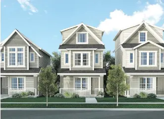  ?? STEPPER HOMES ?? An artist’s rendering of the cottages by Stepper Homes in Montrose, a master-planned community by Dream Developmen­t. All of the floor plans have a single-car garage in a drive-under format,