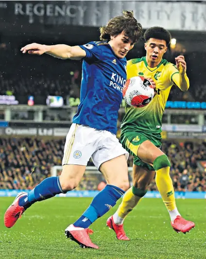  ??  ?? On the ball: Norwich match-winner Jamal Lewis (right) battles for possession with Leicester’s Caglar Soyuncu