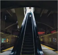  ?? KARL MONDON — BAY AREA NEWS GROUP ?? A BART rider exits an empty Glen Park Station in San Francisco in June.