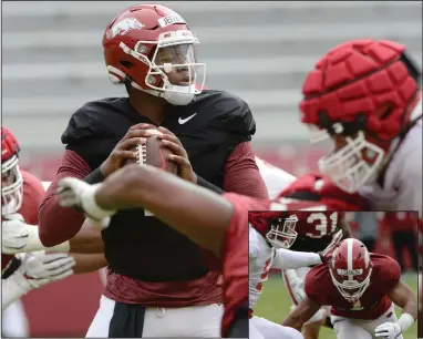  ?? (NWA Democrat-Gazette/Andy Shupe) ?? KJ Jefferson (above) will lead the first-team offense on the white team against safety Jalen Catalon (right) and the first-string defense on the red team during today’s Red-White Game at Reynolds Razorback Stadium in Fayettevil­le.