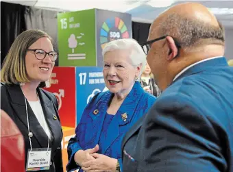  ?? BRENT DAVIS WATERLOO REGION RECORD ?? Ontario Lt.-Gov. Elizabeth Dowdeswell, centre, speaks with federal Minister of Families, Children and Social Developmen­t Karina Gould and Kitchener Mayor Berry Vrbanovic Tuesday at the official opening of the SDG Idea Factory in downtown Kitchener.